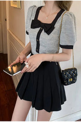 Short Sleeve Bow Square Collar Blouse Shirt